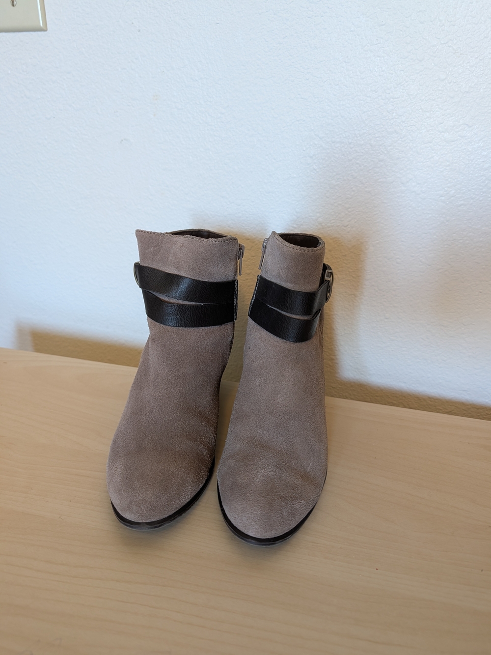 Giani Bernini Taupe Suede Ankle Boots with Black Strap Detail